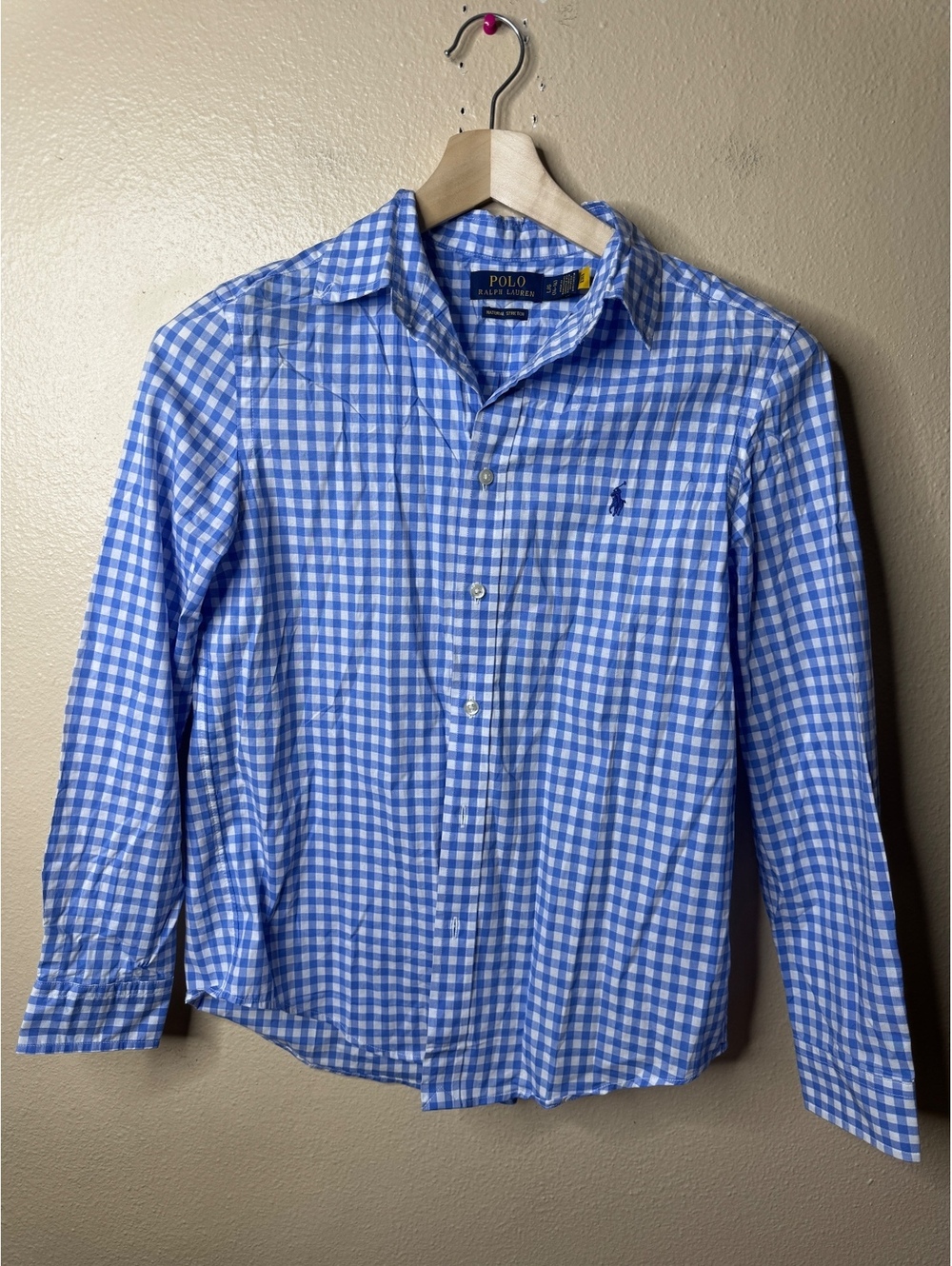 Polo Ralph Lauren Boys L 14-16 Button Up Shirt Blue Gingham Cotton Stretch